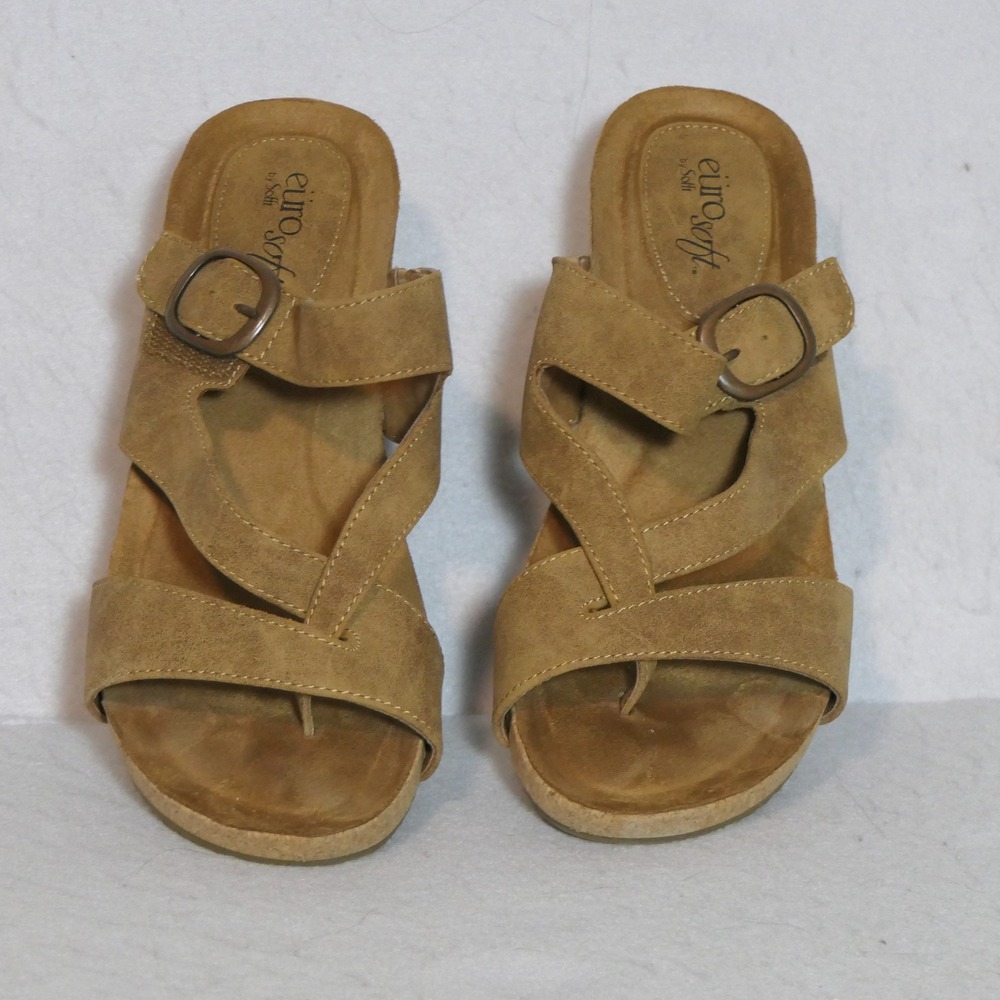 EuroSoft Women Emrie Wedge Sandals 8.5M Tan Boho Cork Strappy Slide